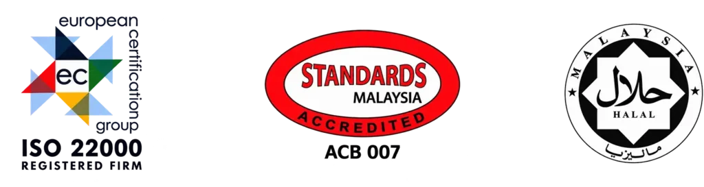 Starkiss certifications: ISO 22000 registered firm, Standards Malaysia accredited and JAKIM Halal Malaysia